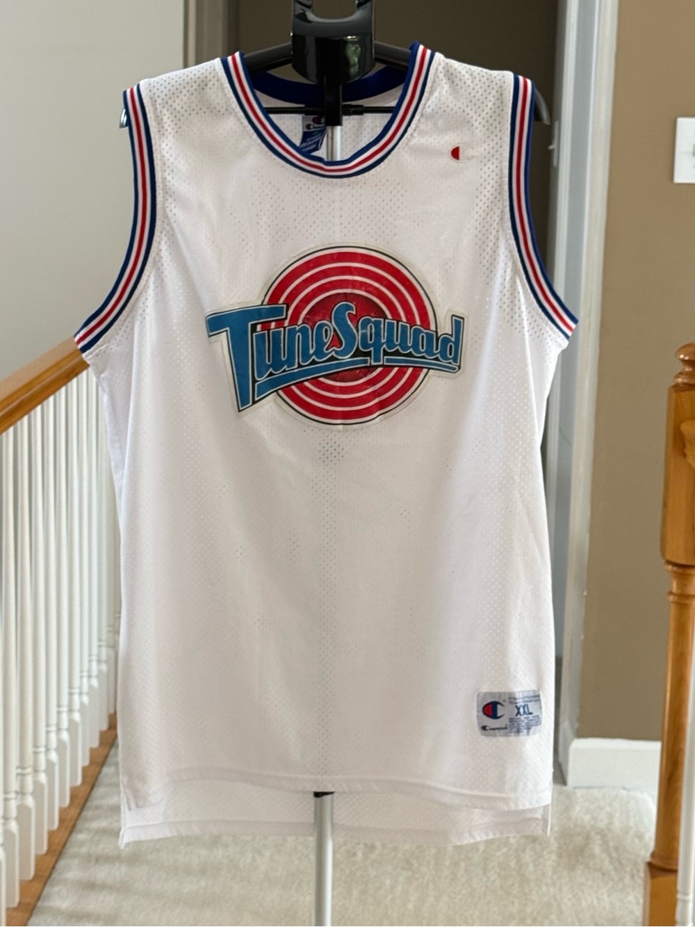 Vintage Champion White Tune Squad Basketball Jersey with Red and Blue Logo